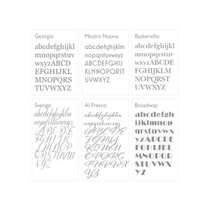 Op de afbeelding: Een grafiek met verschillende lettertypen, waaronder Georgia, Mostra Nuova, Baskerville, Sverige, Al Fresco en Broadway. Elk lettertype wordt weergegeven met het alfabet in kleine en hoofdletters.