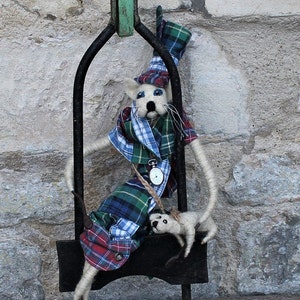 HANDMADE FELTED CAT Doll and Dog/Unique Primitive Felt Cat/Fibre Art Valentine Gift/Cat Lover/Dog Lover Ornament &#39;Holly and Ivy&#39;