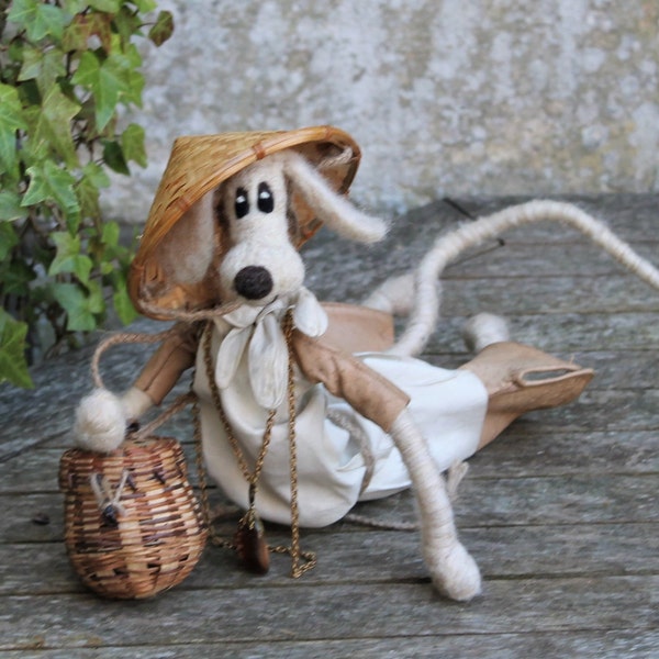 ART DOLL DOG, Collectable Needle Felted Dog Sculpture, Poseable Dressed Felt Dog/Artist Doll/Dog Lovers Special Gift/Fibre Art Doll Pricilla