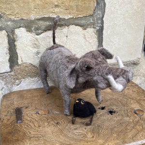 Large NEEDLEFELT WARTHOG and BLACKBIRD/Curious Creatures/Wool Felt Wildlife/Pig Sculpture/Unique Handmade Xmas Gift &#39; Wally and Wesley&#39;