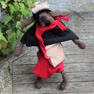 FELT DOG DOLL, Unique Primitive Needle Felted Dog Doll, Wool Dog Soft Scupture, Doll Lovers Gift For Her, Collectable Dog Ornament 'Pluto'