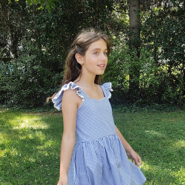 Robe d'été bleue Robe d'été en vichy bleu pour les tout-petits et les filles Robe à carreaux bleus, robe à manches flottantes, robe de style vintage