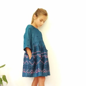 Embroidered denim dress, Sunday dress, denim dress, fall clothes, back to school, toddler dress, blue jeans, three quarters sleeve image 1