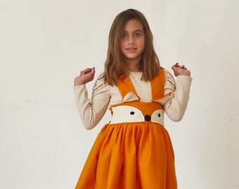 Fox girls dress, Fox pinafore dress, Orange high waist skirt, Animal face skirt, Fox face dress, Fall dress, Fox birthday party, Fox party