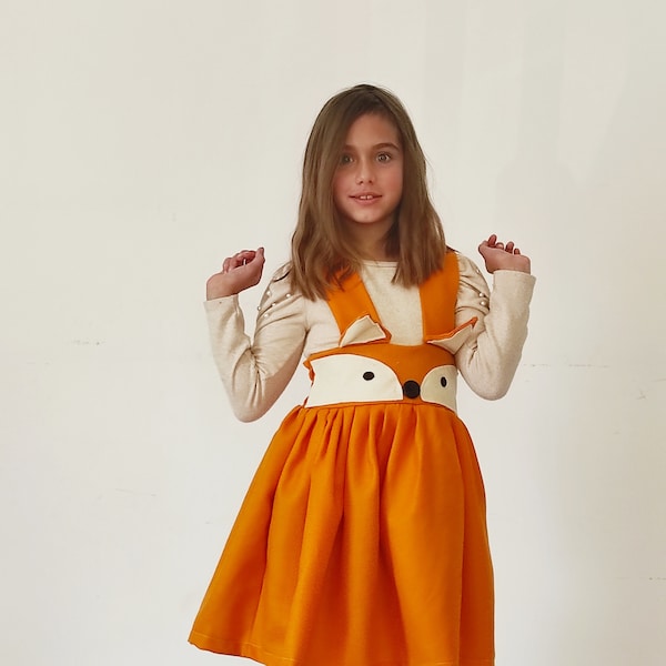 Fox girls dress, Fox pinafore dress, Orange high waist skirt, Animal face skirt, Fox face dress, Fall dress, Fox birthday party, Fox party