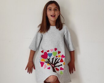 Love tree dress, Heart tree dress, Multicoloured dress, Love tree Easter dress, Spring dress, Girls sweetshirt, Applique hearts, Felt hearts