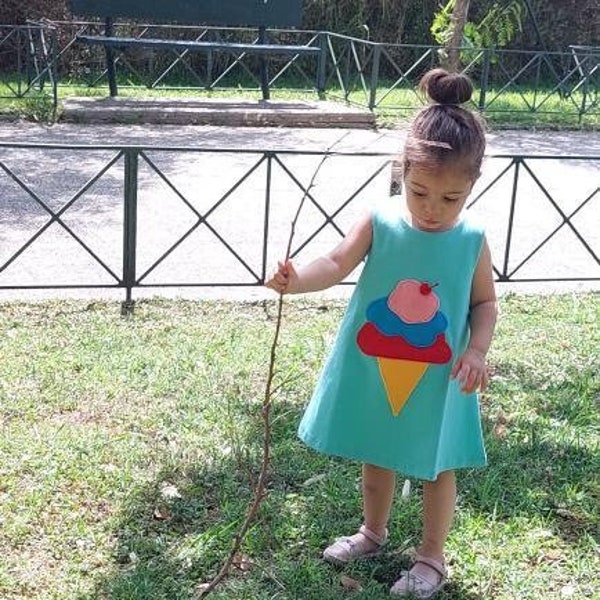 Ice cream dress ice cream applique Girl's dress Summer outfit Infant dress  Sleeveless dress Toddler dress Teal dress Spring