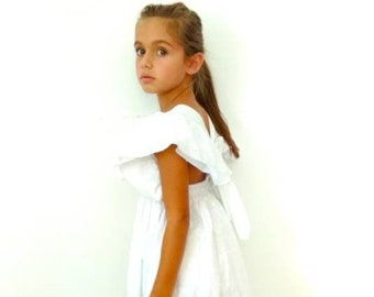 White embroidery dress for girl with flutter sleeve, flower girl, Wedding dress Christening outfit, baptism dress, pinafore dress, sundress