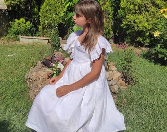 White linen dress, Girls linen dress, Christening dress, Wedding dress, Baptism dress, Rustic flower girl dress white, Linen clothing