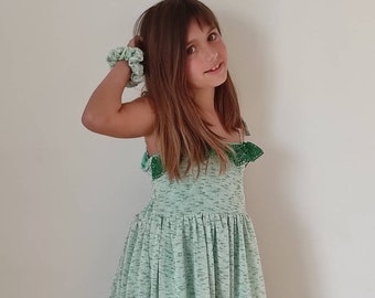Knit girls dress, green summer dress, ruffled girls dress, dress with scrunchie, party dress, summer dress Toddlers sundress, birthday party