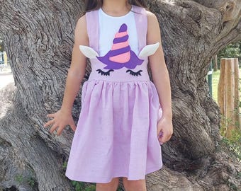 Purple Linen Unicorn Pinafore Dress, Animal Face Suspender Skirt, Summer Party Outfit