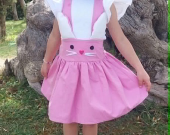 Bunny girls dress, Bunny pinafore dress, Pink high waist skirt, Bunny face dress, Spring dress, Bunny birthday party, Bunny lovers