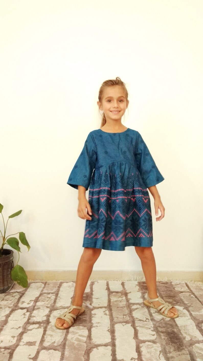 Embroidered denim dress, Sunday dress, denim dress, fall clothes, back to school, toddler dress, blue jeans, three quarters sleeve image 6