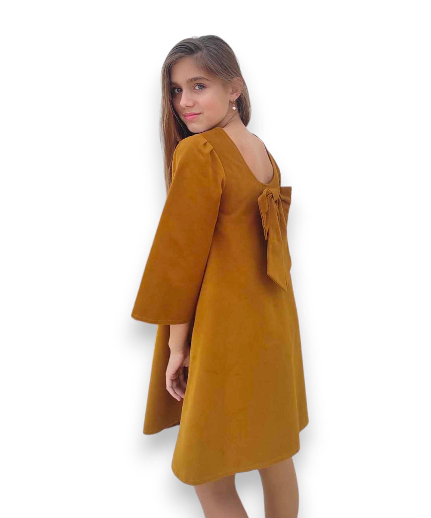 Peter pan collar dress, Mustard A line dress, Mustard girls dress, Peter pan neckline, Mini girls dress, preppy style, back to school dress