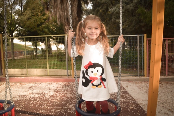 penguin christmas dress Applique Penguins Girl's dress Birthday gift White dress Winter outfit Cute clothes Toddler dress Penguin party H26