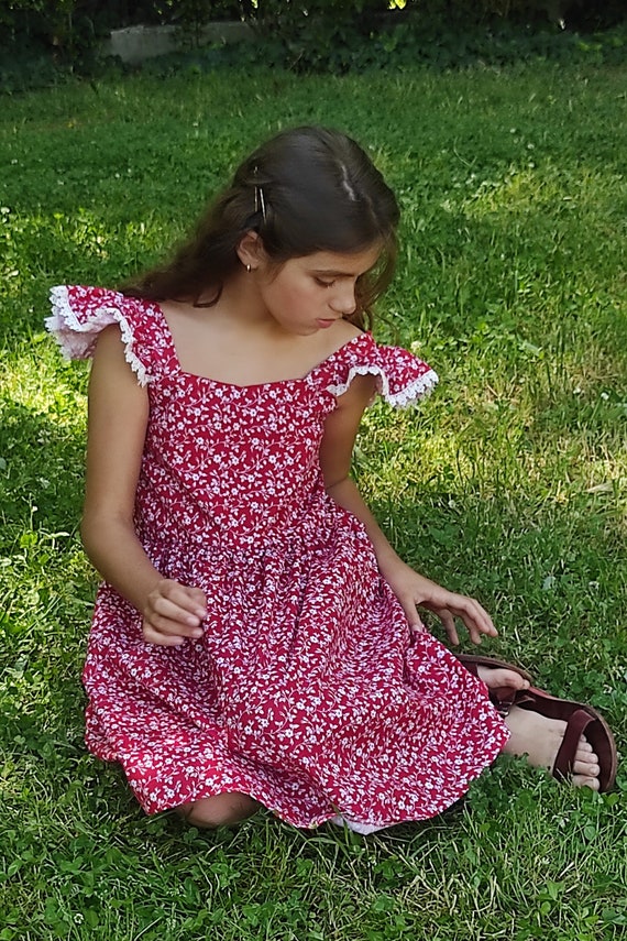 Red Floral Dress Red Sundress for Toddlers and Girls Red Summer Dress,  Flutter Sleeve Dress, Knot Back Dress Vintage Style Dress 