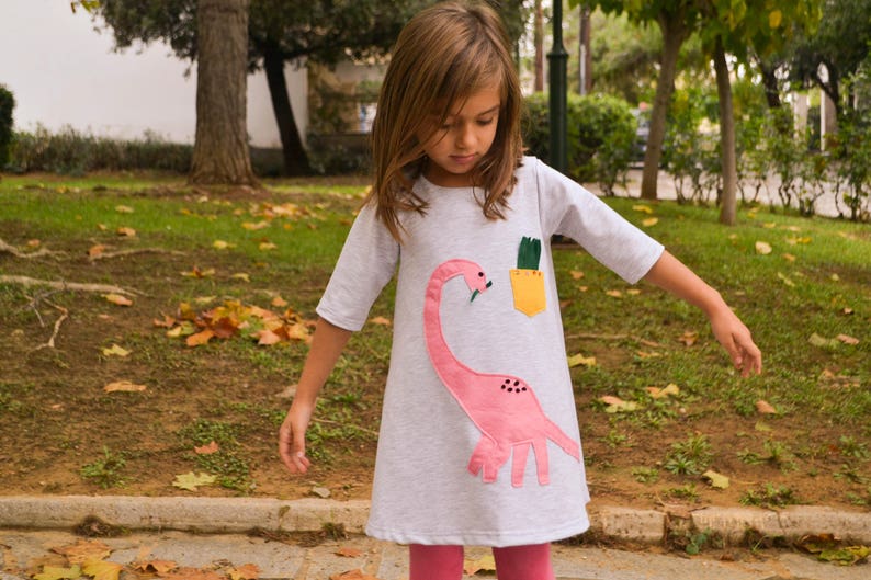 Dinosaur birthday, pink dino, dinosaur applique, toddler's dress, dino for girls, girl's dress, dinosaur party, fall outfit, gray dress image 2