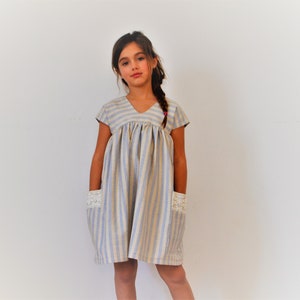 Linen dress Summer linen dress Striped linen fabric Linen dress with pockets Girls clothing Toddler dress Linen clothingSummer vacations image 1