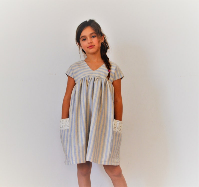 Linen dress Summer linen dress Striped linen fabric Linen dress with pockets Girls clothing Toddler dress Linen clothingSummer vacations image 1