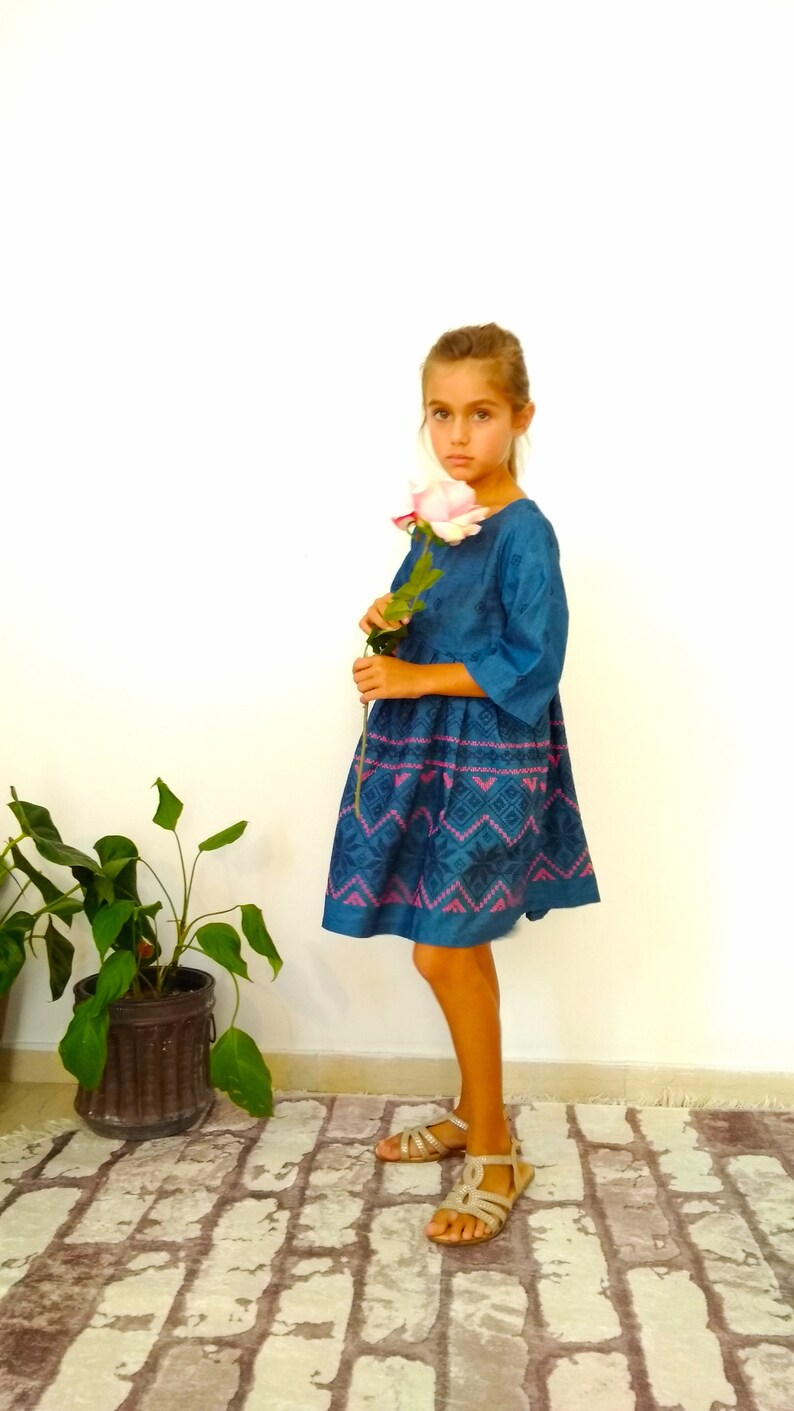 Embroidered denim dress, Sunday dress, denim dress, fall clothes, back to school, toddler dress, blue jeans, three quarters sleeve image 8