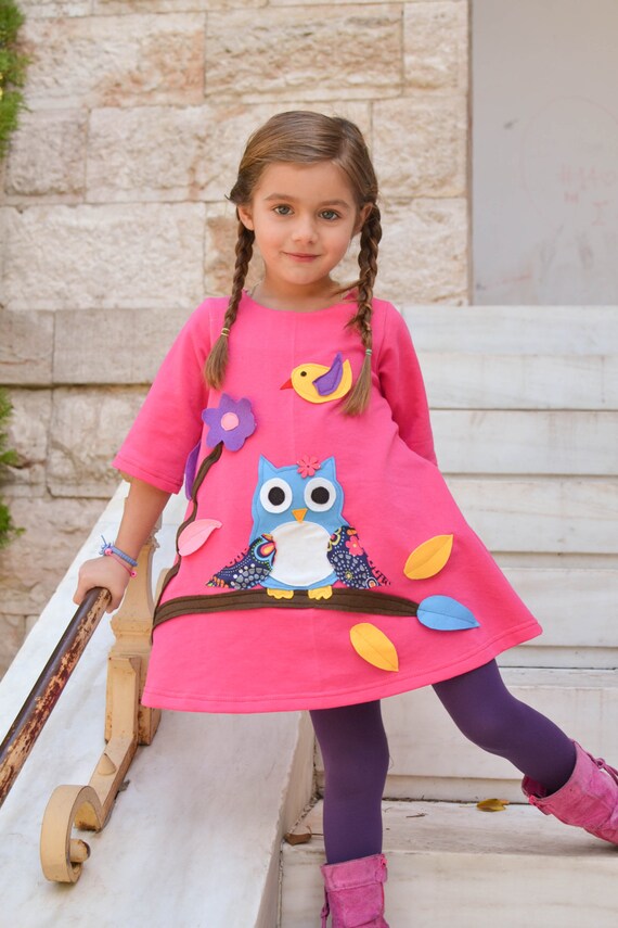 pink owl dress Minna Collared Woven Dress-Pink Owl Embroidery