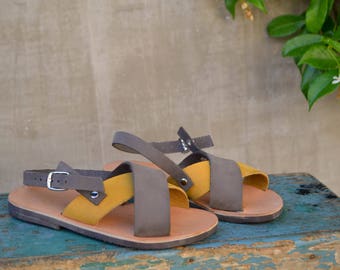 Handmade sandals for children,  Baby sandals, leather shoes, kids sandals, baby boy sandals, grey and mustard, mustard sandals, summer shoes