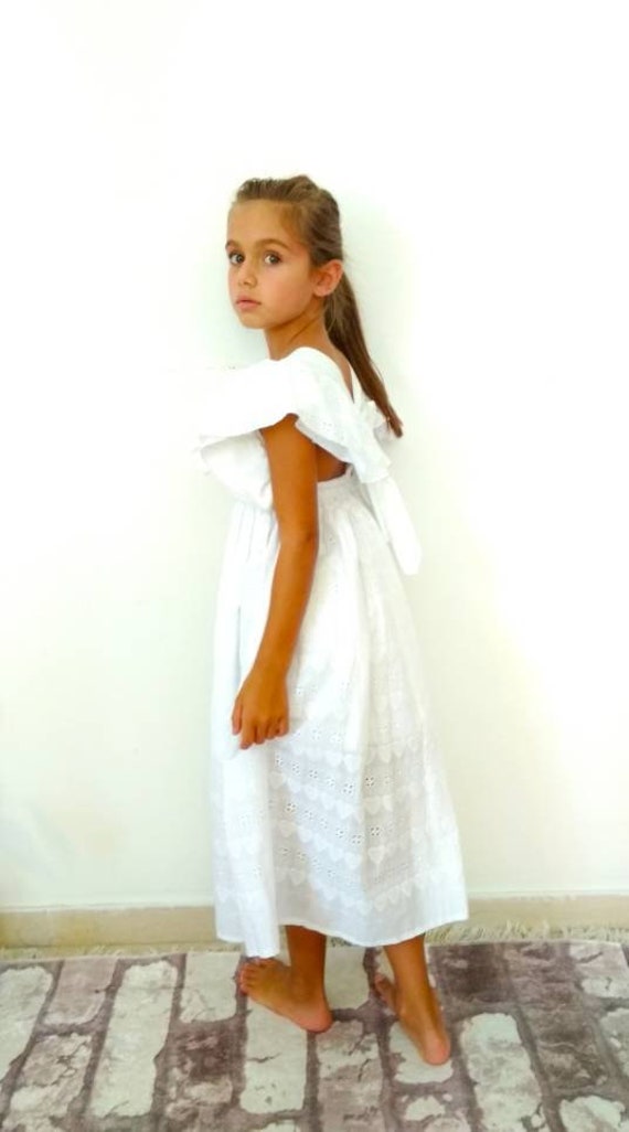 White embroidery dress for girl with flutter sleeve, flower girl, Wedding dress Christening outfit, baptism dress, pinafore dress, sundress