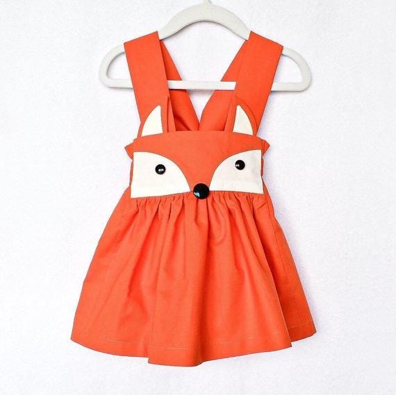 Fox girls dress, Fox pinafore dress, Orange high waist skirt, Animal face skirt, Fox face dress, Fall dress, Fox birthday party, Fox party
