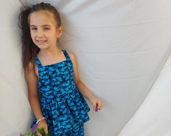 Ruffle harem bodysuit Camouflage blue jumpsuit Summer romper Baby romper Girls romper Ruffled jumpsuit Open back Blue toddler romber
