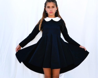 Back to school dress, Peter pan collar, black dress, spooky dress,  first day at school, toddler's dress, girl's dress, Halloween outfit