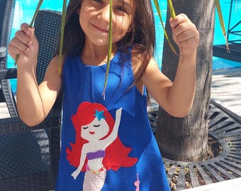 Mermaid dress Mermaid party Mermaid applique Girl's dress Summer dress, Birthday outfit Happy dress  Blue dress, Personalised mermaid dress