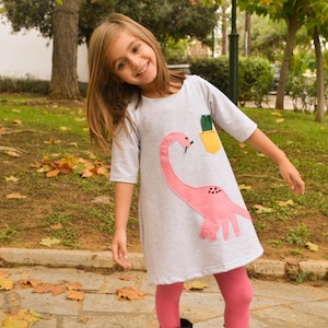 Dinosaur birthday, pink dino, dinosaur applique, toddler's dress, dino for girls, girl's dress, dinosaur party, fall outfit, gray dress image 1