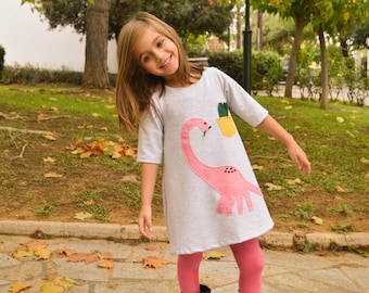 Dinosaur birthday, pink dino,  dinosaur applique, toddler's dress, dino for girls, girl's dress, dinosaur party, fall outfit, gray dress