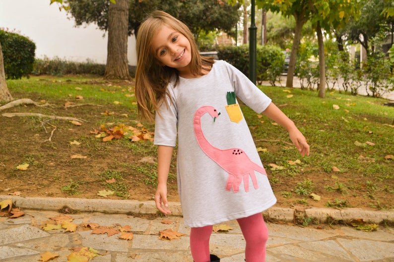 Dinosaur birthday, pink dino, dinosaur applique, toddler's dress, dino for girls, girl's dress, dinosaur party, fall outfit, gray dress image 1