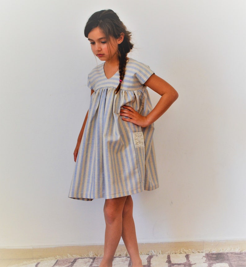 Linen dress Summer linen dress Striped linen fabric Linen dress with pockets Girls clothing Toddler dress Linen clothingSummer vacations image 5