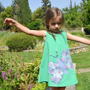 BLOOMING BUTTERFLY Butterfly shirt Spring outfit Fuchsia Dress Girls dress Toddler's dress Handmade item Green dress Toddler's gift idea image 4