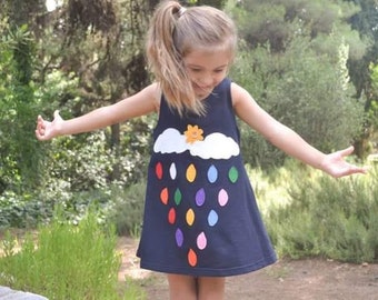 Rainbow Girls Dress, Colorful Raindrops Dress, Raindrops applique, Girls Dress, Toddler Dress Rainbow, Applique Dress, Winter Girls Dress