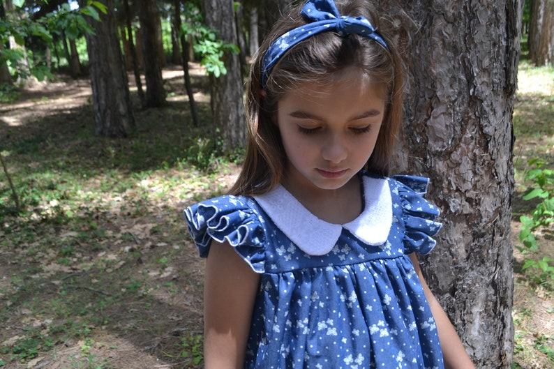 Peter pan collar Peter pan collar dress Denim girls dress Ruffle sleeve Ruffle hem dress Blue jeans dress Butterfly dress Back to school image 4