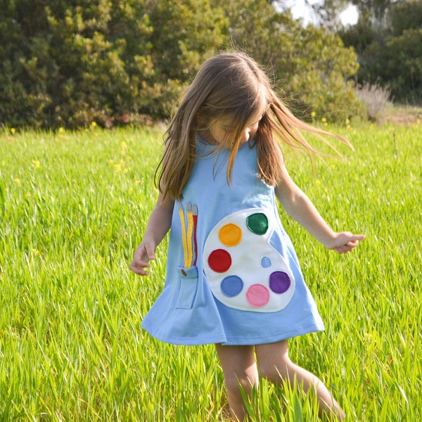 Paletjurk, terug naar school-jurk, kunstfeest, verfjurk, kleurrijk shirt peuterjurk, meisjesjurk, zomeroutfit, vrolijke kleding