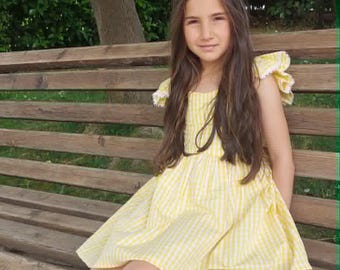 Yellow summer dress, Gingham sundress, Checked dress, Flutter sleeve, Knot back, Vintage style