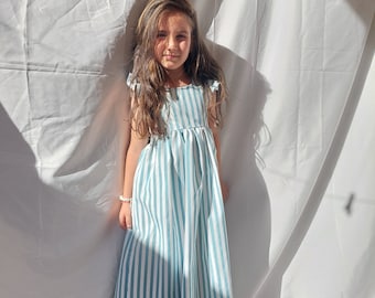 Striped girls dress, Open back linen dress Flutter sleeve Maxi cotton dress Striped cotton dress  Ankle length dress  Vintage inspired