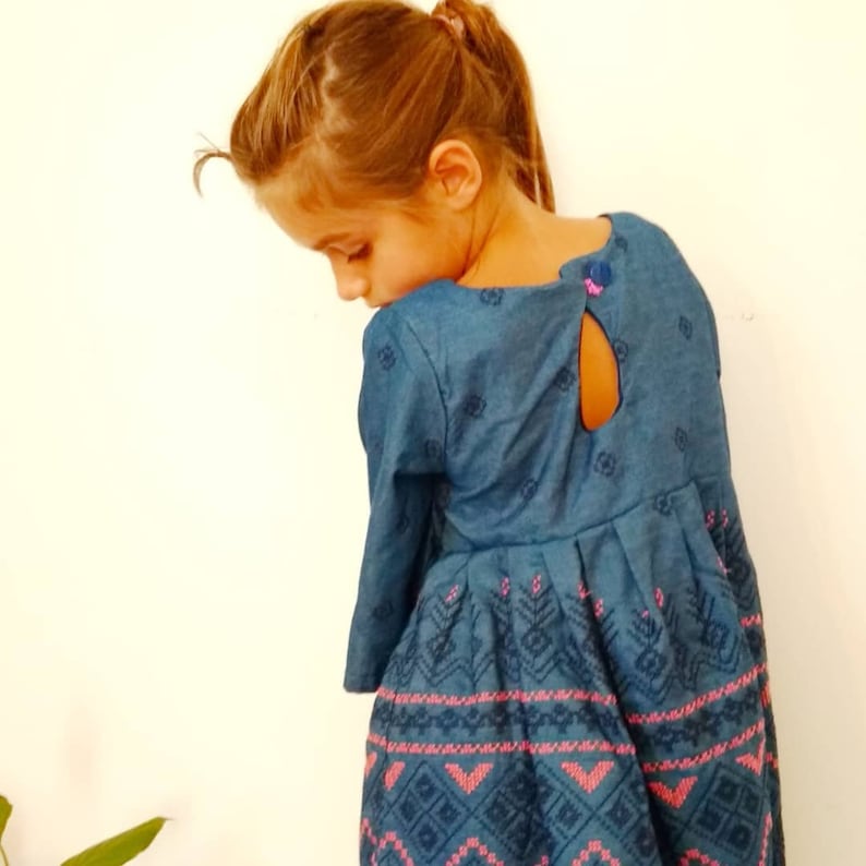 Embroidered denim dress, Sunday dress, denim dress, fall clothes, back to school, toddler dress, blue jeans, three quarters sleeve image 2