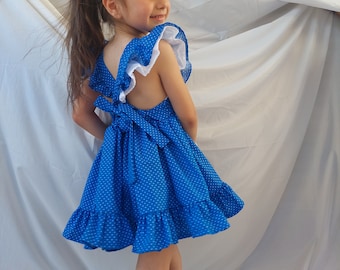Blue polka dot summer dress Blue sundress for toddlers and girls Polka dot dress, Flutter sleeve dress, Knot back dress Vintage style dress