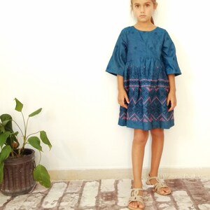 Embroidered denim dress, Sunday dress, denim dress, fall clothes, back to school, toddler dress, blue jeans, three quarters sleeve image 4