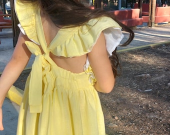 Yellow ruffled linen dress, Girls linen dress, Christening dress, Wedding dress, Baptism dress, Rustic flower girl dress red, Linen clothing