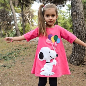 Snoopy shirt Snoopy applique Snoopy with ballons Pink dress Handmade dress Toddler dress Spring dress Happy clothes Felted applique clothes