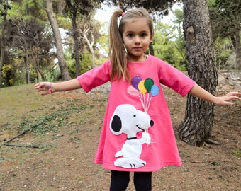 Snoopy shirt Snoopy applique Snoopy with ballons Pink dress Handmade dress Toddler dress Spring dress Happy clothes Felted applique clothes