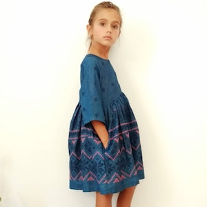 Embroidered denim dress, Sunday dress, denim dress, fall clothes, back to school, toddler dress, blue jeans, three quarters sleeve image 3