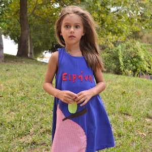 Apple dress School dress Back to school Toddler dress Personalized school Personalized shirt Blue dress Sleeveless dress Apple applique
