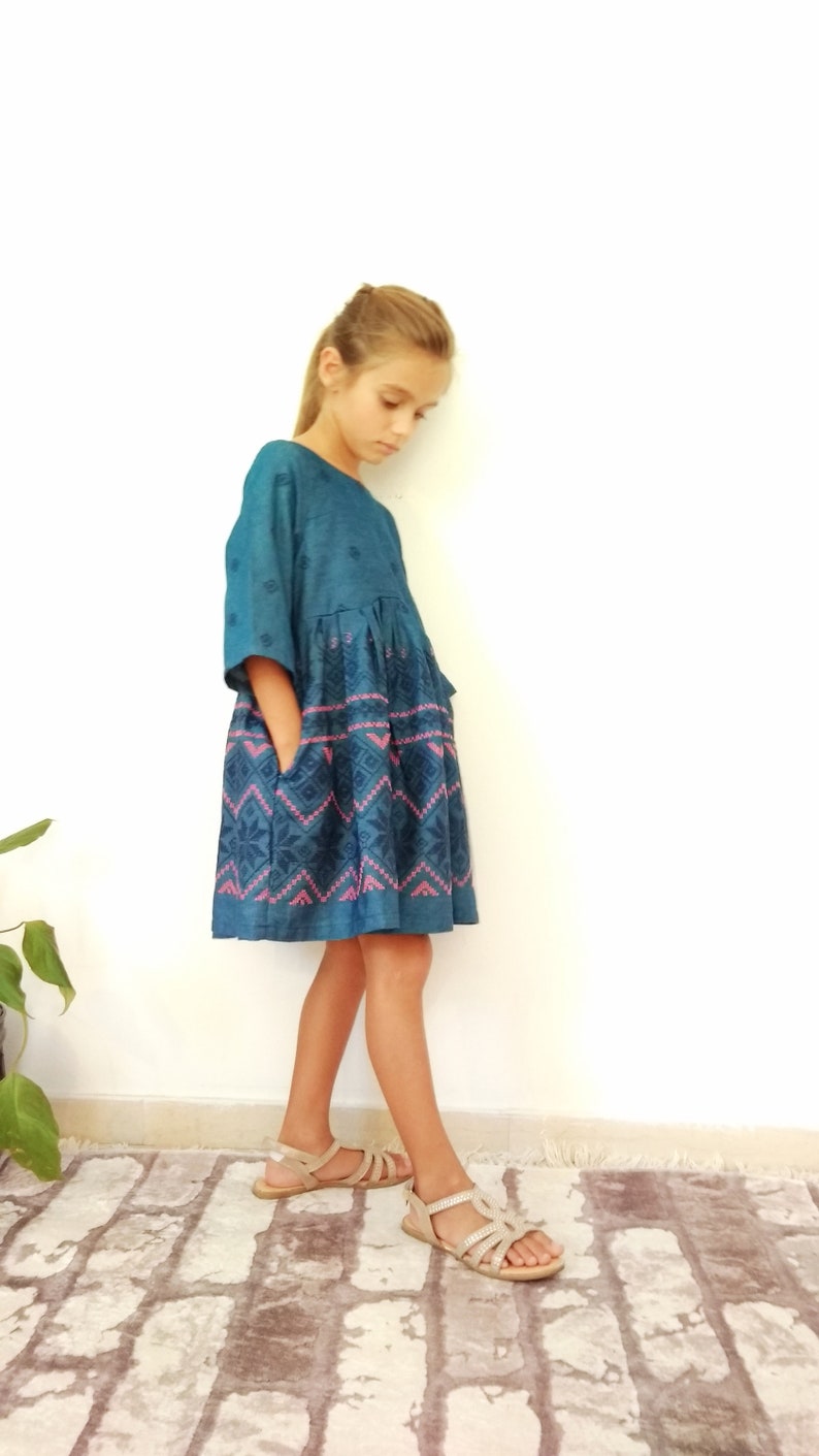 Embroidered denim dress, Sunday dress, denim dress, fall clothes, back to school, toddler dress, blue jeans, three quarters sleeve image 1